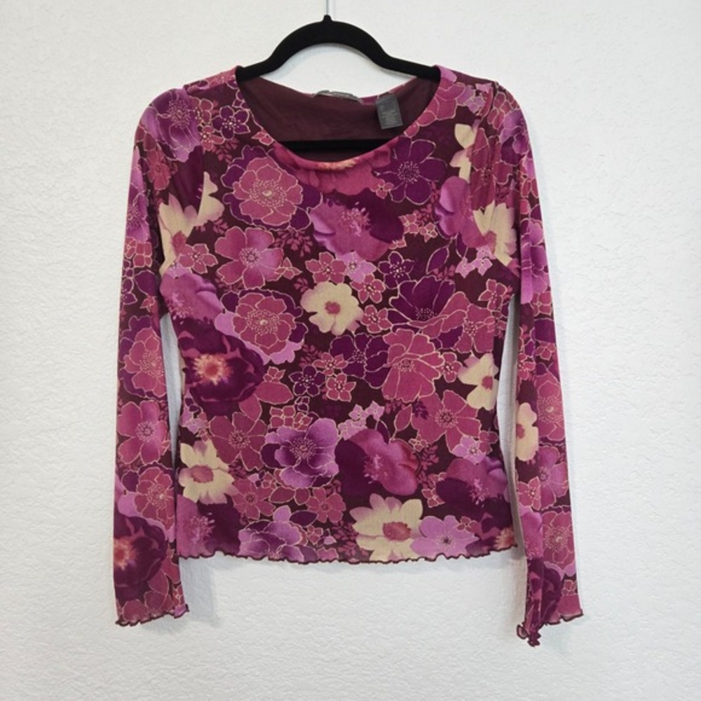 Liz Claiborne L Y2K Floral Mesh Top Long Sleeve Purple Flower Print Blouse